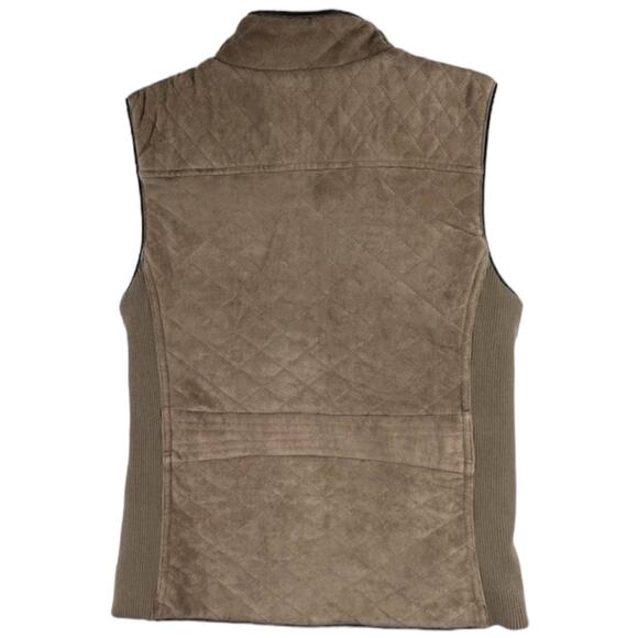 Quilted Vest Taupe Faux Suede Puffer Gold Hardware Ribbed Side Panels Size M - Picture 9 of 9